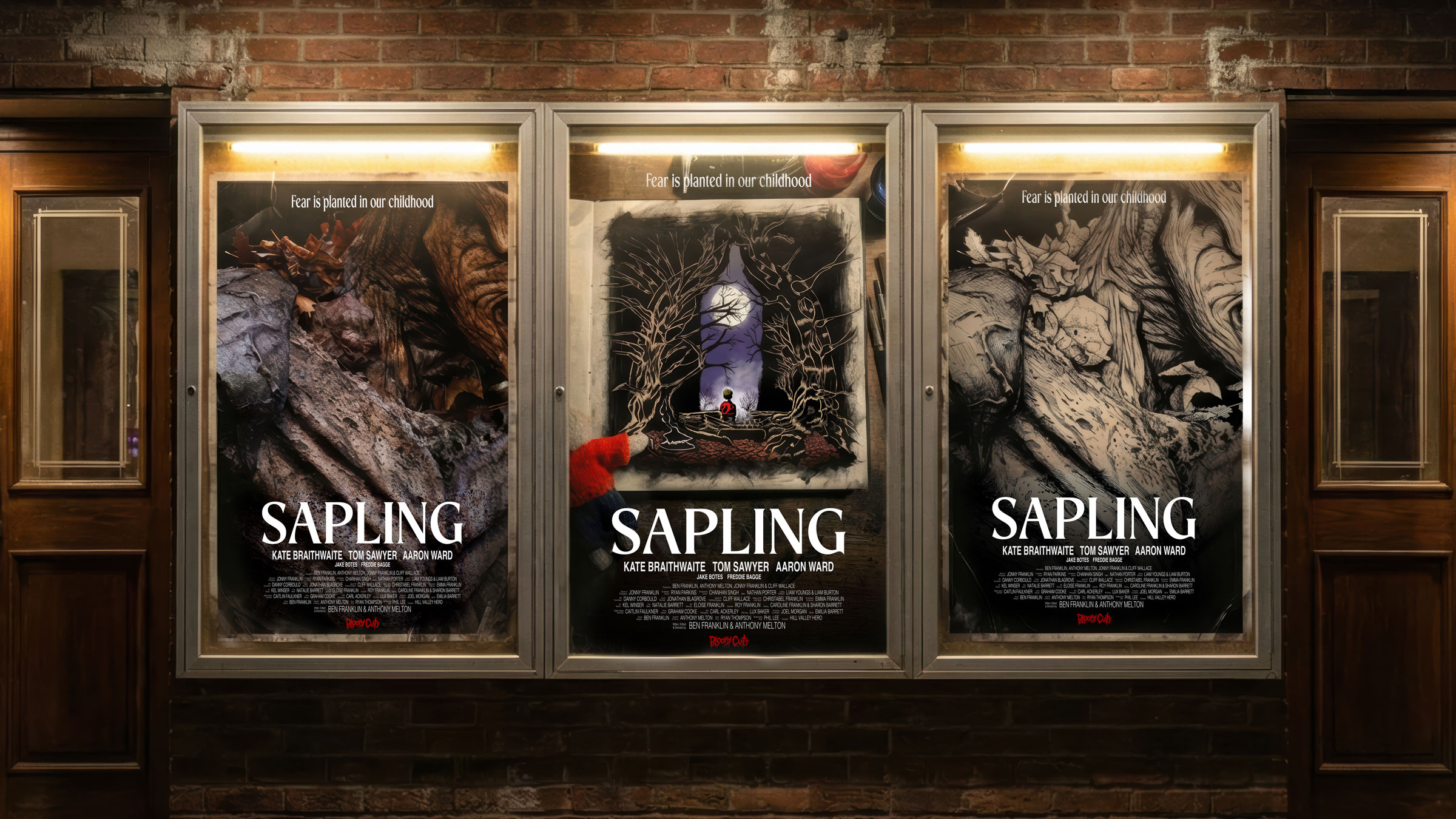 Sapling promotional posters displayed in a wall lightbox